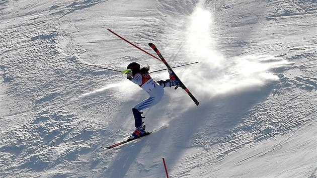 Americk lyaka Resi Stieglerov v pdu na trati olympijskho superobho slalomu. (16. nora 2018)