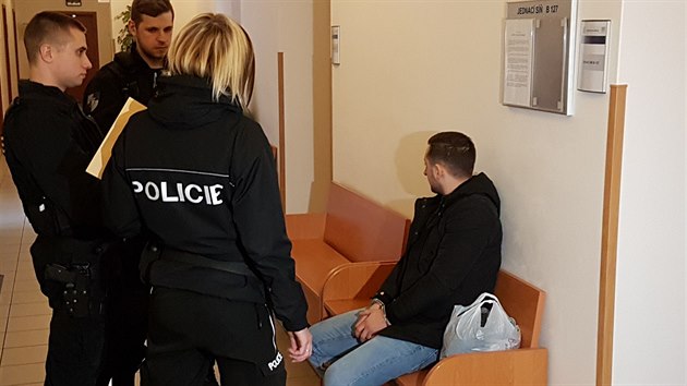 Policist na chodb Okresnho soudu Plze-jih hldaj jednoho z Rumun, kte v ptek peveli v kamionech do Nmecka bence a policie je zastavila za tunelem Valk na dlnici D5. (19. nora 2018)