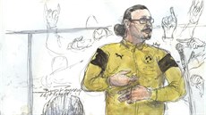 Jawad Bendaoud na kresbě ze soudní síně. (26. ledna 2018) Jawad Bendaoud na kresbě ze soudní síně. (26. ledna 2018)