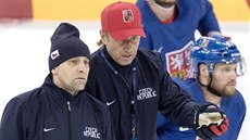 Koui Josef Janda (vlevo) a Václav Prospal pi tréninku eských hokejist v...