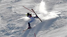 Americká lyaka Resi Stieglerová v pádu na trati olympijského superobího...