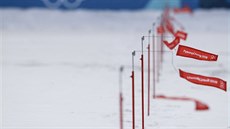 Vítr si pohráva s fáborky na biatlonové střelnici. Vítr si pohráva s fáborky na biatlonové střelnici.
