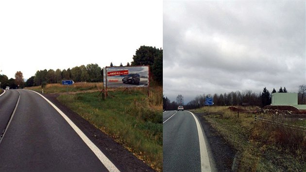 Silnice I/37 ped a po odstrann billboardu u obce Stte na Trutnovsku.