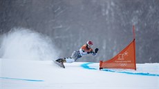 Ester Ledecká během kvalifikační jízdy obřího slalomu na olympijských hrách. Ester Ledecká během kvalifikační jízdy obřího slalomu na olympijských hrách.