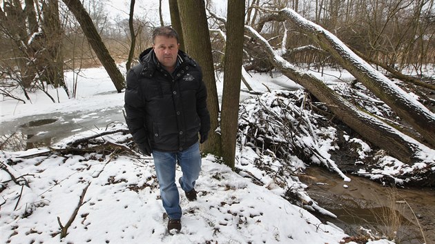 Starosta Slezskch Rudoltic na Osoblasku Mojmr Parga ukazuje kody, kter v okol obce napchali bobi pi stavb hrze na ce Lun.