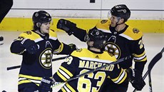 Torey Krug, Brad Marchand a Riley Nash (zleva) se radují z bostonského gólu. Torey Krug, Brad Marchand a Riley Nash (zleva) se radují z bostonského gólu.