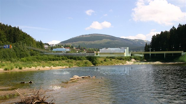 Vizualizace parkovacho domu s dolnmi stanicemi novch lanovek na Hromovku a Medvdn.