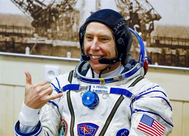 Astronaut Andrew Feustel ped startem na ISS 21.3.2018.