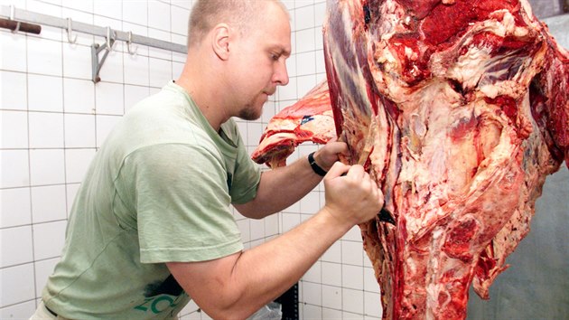 Od roku 1998 Jan Vak v jihlavsk zoologick zahrad pracoval jako chovatel u elem. Na snmku pipravuje maso ke krmen.