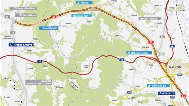 Mapa zobrazujc trasu dosud chybjcho seku dlnice D35 mezi Starm Mstem a Mohelnic, na jeho dokonen navc zvis i stavba obchvatu Libiv.