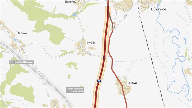 Mapa zobrazujc trasu dosud chybjcho obchvatu Libiv, jeho dokonen zvis na stavb seku dlnice D35 mezi Starm Mstem a Mohelnic.