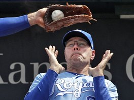 POZOR, MÍEK. Pola amerického týmu Kansas City Royals chytá chybný odpal tsn...