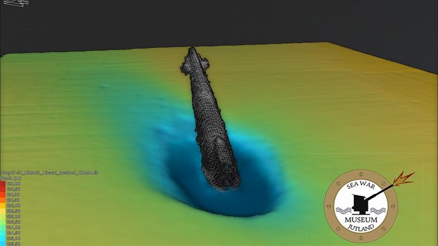 Vizualizace dat ze sonaru zobrazující nmeckou ponorku U-3523