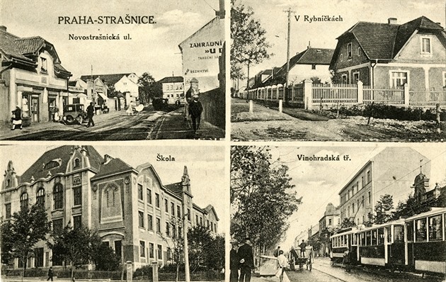 Pohled na starí partie Stranic: Novostranická, dnes kíení ulice Gutova a...