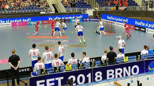 Čeští florbalisté během turnaje EFT v Brně v zápase se Švýcarskem Čeští florbalisté během turnaje EFT v Brně v zápase se Švýcarskem