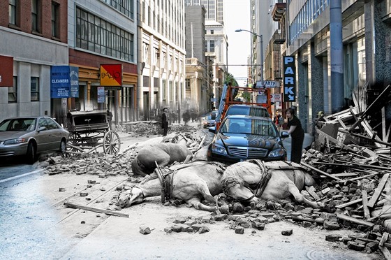 Digitální úprava fotek kombinuje snímky San Francisca po zemtesení v roce...
