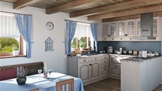 Kuchyň ve skandinávském stylu - patina Scandia, provedení modřín latté. Kuchyň ve skandinávském stylu - patina Scandia, provedení modřín latté.
