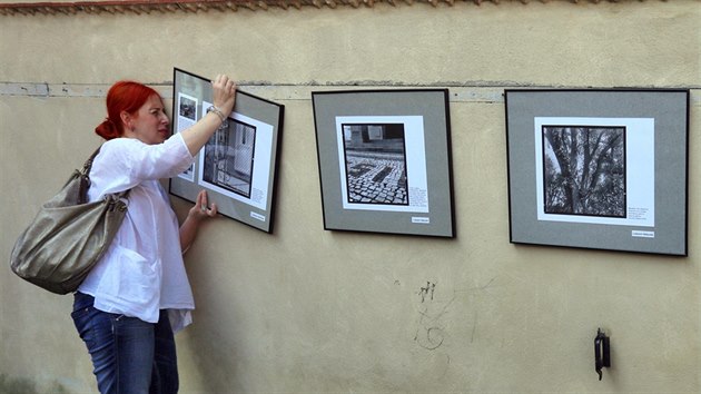 Andrea Dobeov instaluje fotky Luboe Stiburka na dvorku .10 (Ulika zavradnch, jinak t  Fotografick dvorek).