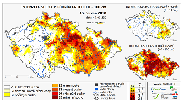 Intenzita sucha v České republice (15. červen 2018). Intenzita sucha v České republice (15. červen 2018).