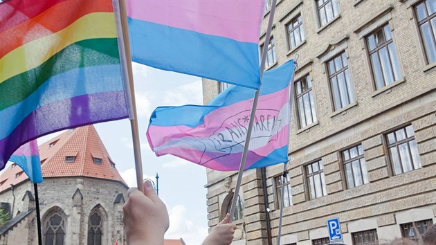 Vlajky LGBT a trans hnut na Prague Pride (srpen 2016)