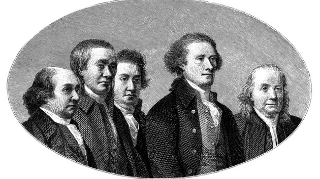 Dvrn, nitern ptelstv bylo mezi Johnem Adamsem (zcela vlevo) a Thomasem Jeffersonem (druh zprava). Na zobrazen jsou s dalmi politiky (Roger Sherman, Robert Livingston a Benjamin Franklin), kte podepsali Deklaraci nezvislosti.
