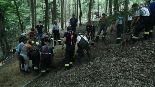 Pt jednotek stedoeskch hasi zasahovalo pi vyprotn kon z jmy v lese na Praze-zpad. (20.6.2018)