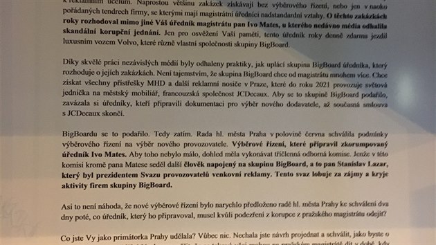 Oteven dopis spolenosti JCDexaux pro primtorku Adrianu Krnovou na zastvce Slavia. (28.6.2018)