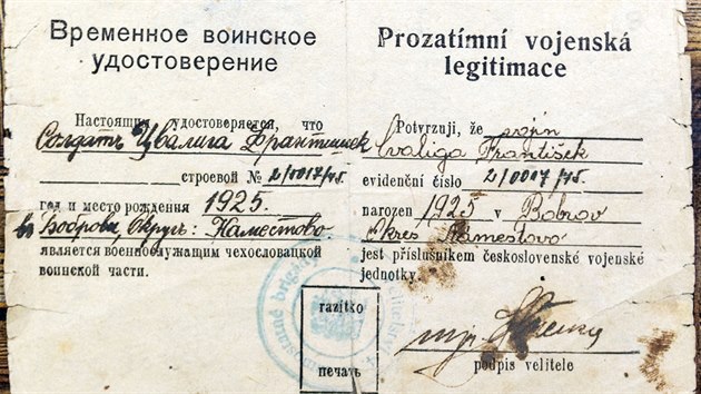 Jeden z dobovch dokument podplukovnka Frantika Cvoligy, jednoho z poslednch vetern druh svtov vlky v Olomouckm kraji