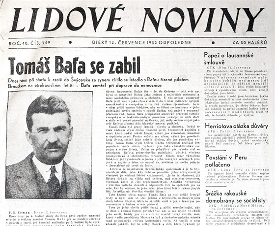 Tragická smrt Tomáe Bati v dobovém tisku (ervenec 1932)