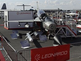 An Italian Leonardo M-346FA is displayed at the Farnborough Airshow in...