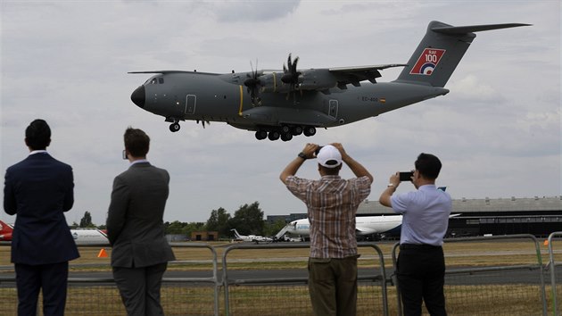 An Airbus 400M lands after a flying display at the Farnborough Airshow in...