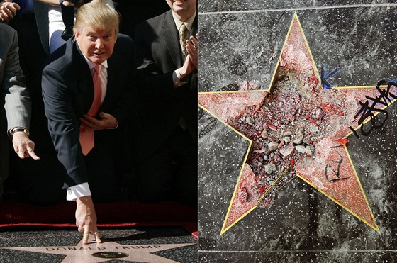 Donald Trump a jeho pokozená hvzda na hollywoodském chodníku slávy (Los...