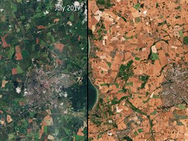 Srovnávací snímek z druice Sentinel-2 ukazuje jak vypadala pole na dánském...