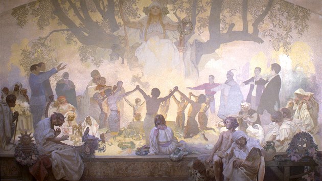 Alfons Mucha: Psaha omladiny pod slovanskou lpou (1926 (nedokoneno), vajen tempera, olej, pltno, 405 x 480 cm)