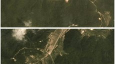 Satelitní zábry ukazující demolici budov v sevekorejském raketovém komplexu...