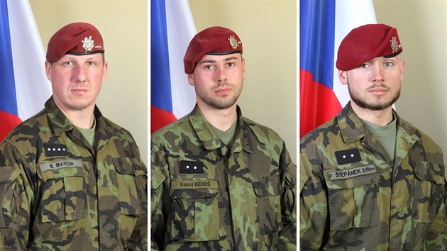 Ti et vojci, kte 5. srpna 2018 zahynuli v Afghnistnu. Zleva: rotn Martin Marcin, destnk Kamil Bene a destnk Patrik tpnek.