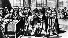 Vyetující hledají na tle obvinné áblovo znamení, rok 1632.