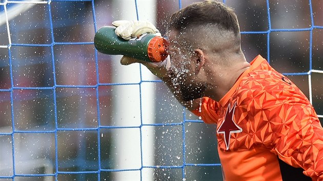 Slávistický brankář Ondřej Kolář se v letních vedrech osvěžuje. Slávistický brankář Ondřej Kolář se v letních vedrech osvěžuje.
