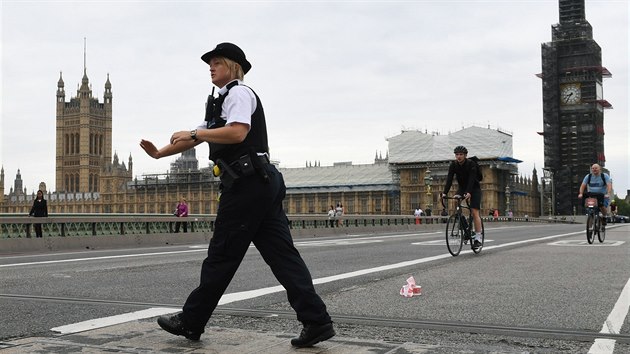 Policejn zsah ped britskm parlamentem, kde idi najel do zbran (14. srpna 2018)