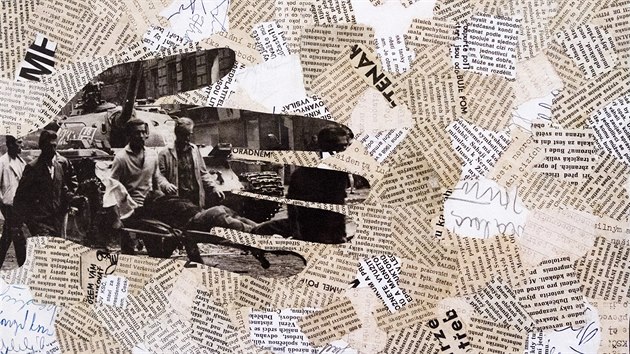 Ještě jednou Jiří Kolář, jehož se dramatické události otřásající Československem bytostně dotýkaly. V té době vytvořil cyklus 66 koláží nazvaný Týdeník 1968.