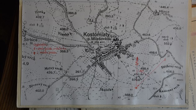 Mapa z vyetovacho spisu VB pesn identifikuje msto dopadu vrtulnku MI-4. 24. srpna 1968.