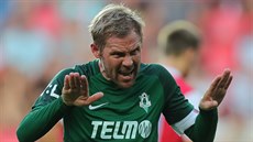 Jablonecký Tomáš Hübschman gestikuluje v utkání proti pražské Slavii. Jablonecký Tomáš Hübschman gestikuluje v utkání proti pražské Slavii.