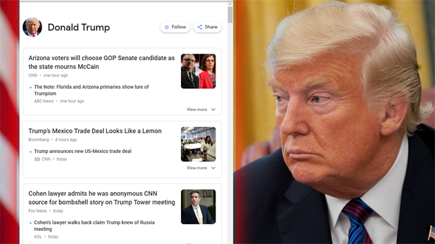 Donald Trump si stěžuje, že Google ve výjezdu zpráv upřednostňuje články, které... Donald Trump si stěžuje, že Google ve výjezdu zpráv upřednostňuje články, které...