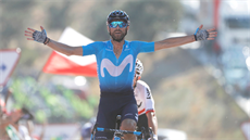 Španěl Alejandro Valverde ze stáje Movistar projíždí jako první cílem 2. etapy... Španěl Alejandro Valverde ze stáje Movistar projíždí jako první cílem 2. etapy...