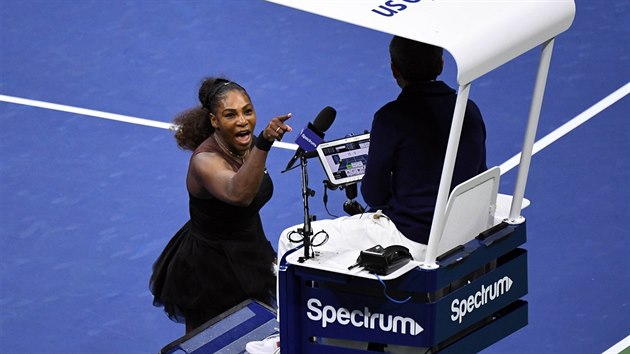 Amerianka Serena Williamsov se hd s rozhodm Carlosem Ramosem bhem finle US Open.