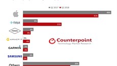 Prodeje chytrých hodinek v Q2/2018 a srovnání s Q2/2017