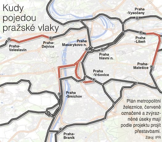 Plán metropolitní eleznice, erven oznaené a zvýraznné úseky mají podle...