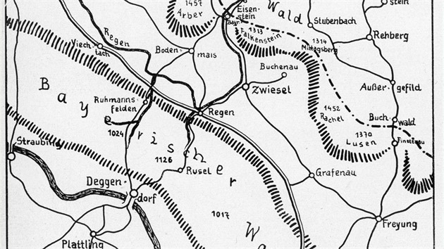 Mapka prostoru Bavorskho lesa a umavy, kde se v z 1938 sousteovaly nejen cvin jednotky 5. p divize. (pevzato z knihy ber den Bhmerwald ins Sudetenland)