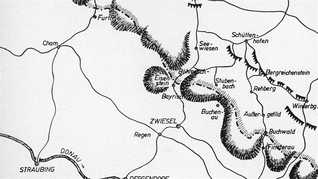 Schma horskho hebene na s.nmeckm pomez u elezn Rudy. ern zubat ra zobrazuje linie vybudovanho s. lehkho opevnn na umav. (pevzato z knihy ber den Bhmerwald ins Sudetenland)