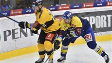 Daniel Sörvik z Litvínova (vlevo) a Jakub Šlahař ze Zlína bojují v extraligovém... Daniel Sörvik z Litvínova (vlevo) a Jakub Šlahař ze Zlína bojují v extraligovém...